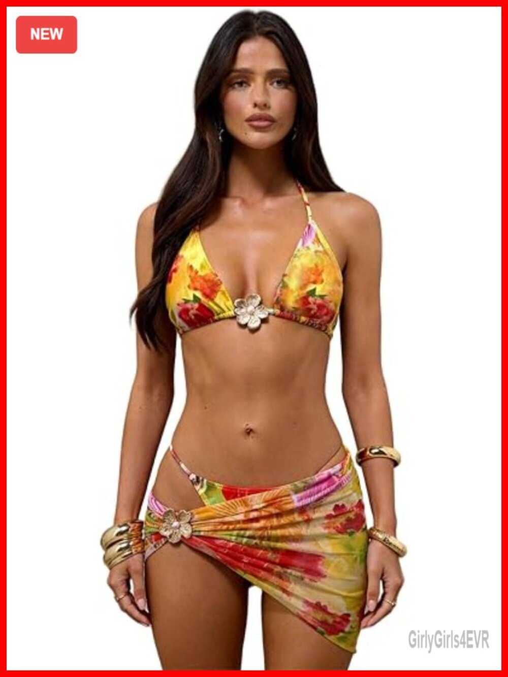 Women's 3-Piece Floral Print Halter Triangle Bikini Set with Cover Up Skirt